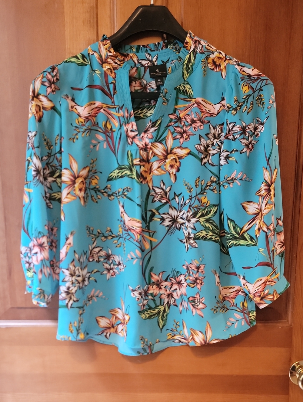 Worthington Petite Teal Tropical Floral Bird Print Blouse PL Flaw